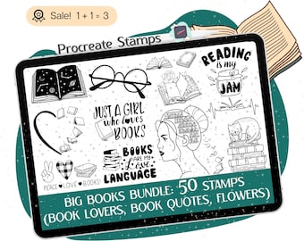 Book Procreate STAMPS, 50 Reading Procreate STAMPS, Book Lover Procreate Brushes, Book Girl, Book Quotes, Book Flowers, Stamp Brushes