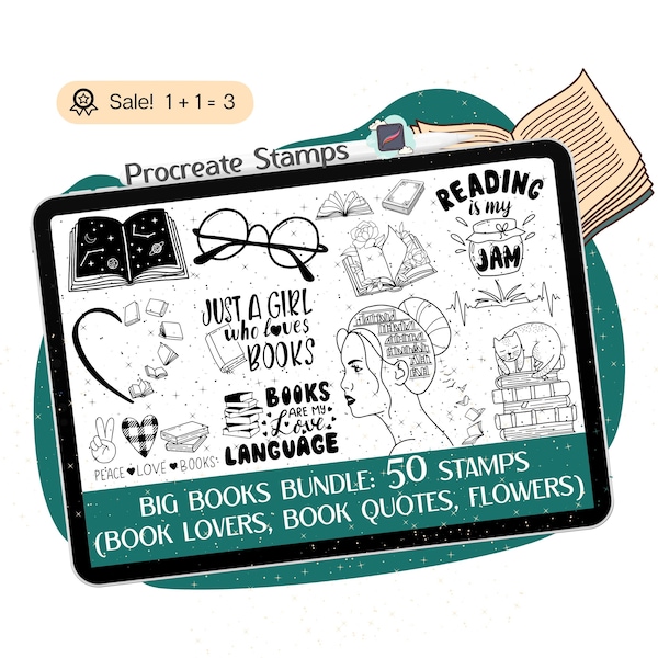 Book Procreate STAMPS, 50 Reading Procreate STAMPS, Book Lover Procreate Brushes, Book Girl, Book Quotes, Book Flowers, Stamp Brushes