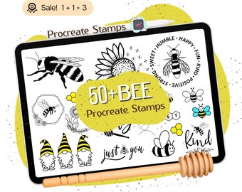 May include: A digital tablet screen displaying a collection of 50+ bee-themed Procreate stamps. The stamps feature bees, honeycombs, flowers, and inspirational words like "kind" and "just you". The tablet is resting on a wooden honey dipper.