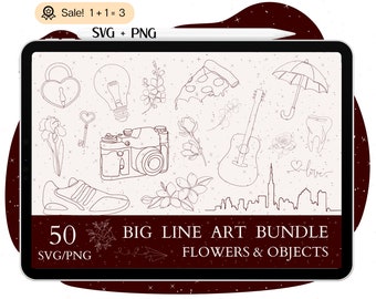 Paquete SVG de 50 flores y elementos de arte lineal, diseño minimalista (PNG)
