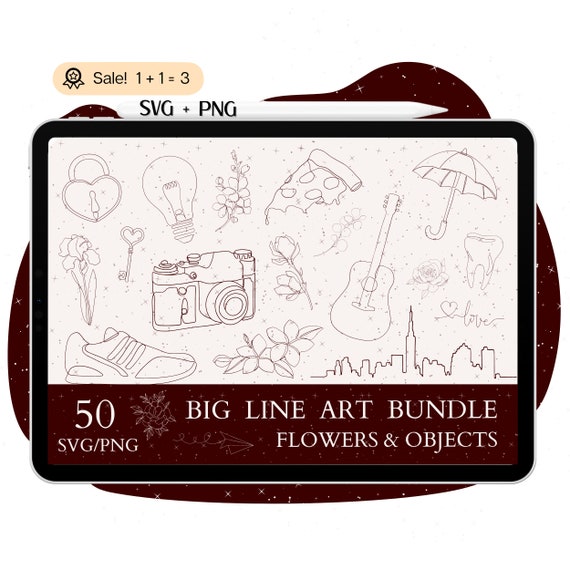 50 Line Art Flowers and Elements SVG Bundle, Minimalist Design (PNG)