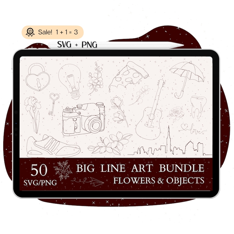 May include: A set of 50 line art illustrations featuring flowers and objects. The illustrations are in black and white and include a camera, a shoe, a pizza slice, a guitar, an umbrella, a tooth, a lock, a lightbulb, a key, a cityscape, and various flowers.