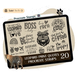 May include: A digital tablet screen displaying 20 leopard print themed Procreate stamps. The stamps feature various phrases and designs, including "Boss Lady", "Wild Spirit", "Be Happy", and "But First Coffee".