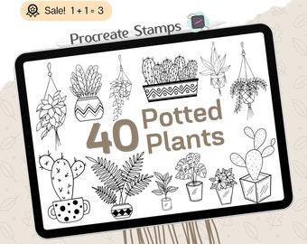 May include: A digital illustration of 40 black and white potted plants. The plants are drawn in a simple, doodle style and include cacti, ferns, and other houseplants. The text "Procreate Stamps" and "Potted Plants" is included in the image.