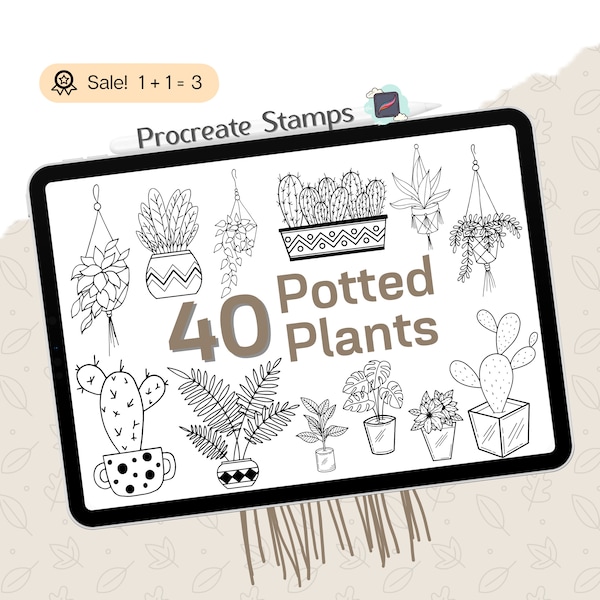 40 SELLOS de procreación de plantas de la casa, pinceles de procreación de plantas colgantes, SELLOS de flores, SELLOS de plantas en macetas, florales, imágenes prediseñadas, pincel de sello, garabato