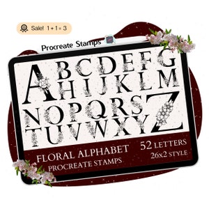 52 SELLOS con letras florales para Procreate, PINCELES con letras para Procreate, SELLOS con letras, Tatuajes con letras, Sellos con pincel y garabatos con letras