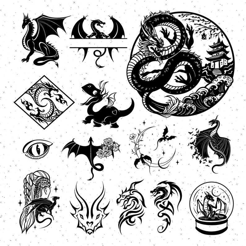Op de afbeelding: Een verzameling zwart-witte drakenillustraties in verschillende stijlen. De illustraties omvatten draken met vleugels, draken zonder vleugels, draken met een hart, draken met een maan en draken in een sneeuwbol. De illustraties zijn perfect voor gebruik in tatoeages, stickers of andere creatieve projecten.