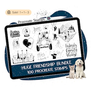 May include: A digital illustration of 100 Procreate stamps featuring friendship themes. The stamps include images of friends, hearts, friendship bracelets, and text that says "Besties Forever", "Friends are the family you choose", and "Forever Friends".