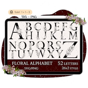 52 bloemen alfabet SVG-bundel, bloemen letter SVG, briefbestand voor Cricut, monogram, alfabet svg, initiaal svg, brief svg png tshirt clipart