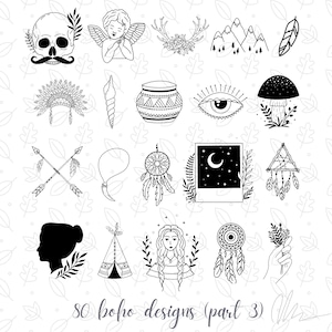 Pu&ograve; includere: Illustrazioni in bianco e nero di disegni boho, tra cui un teschio con baffi, un angelo, corna, montagne, una piuma, un copricapo nativo americano, una conchiglia, un vaso, un occhio, un fungo, frecce, una collana, un acchiappasogni, una foto con una luna, un acchiappasogni triangolare, una silhouette di donna, un teepee, una donna con i capelli lunghi, un acchiappasogni e una mano che tiene dei fiori. Il testo "80 boho designs (part 3)" &egrave; in basso.