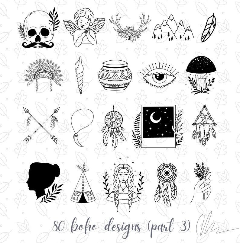 Pu&ograve; includere: Illustrazioni in bianco e nero di disegni boho, tra cui un teschio con baffi, un angelo, corna, montagne, una piuma, un copricapo nativo americano, una conchiglia, un vaso, un occhio, un fungo, frecce, una collana, un acchiappasogni, una foto con una luna, un acchiappasogni triangolare, una silhouette di donna, un teepee, una donna con i capelli lunghi, un acchiappasogni e una mano che tiene dei fiori. Il testo "80 boho designs (part 3)" &egrave; in basso.