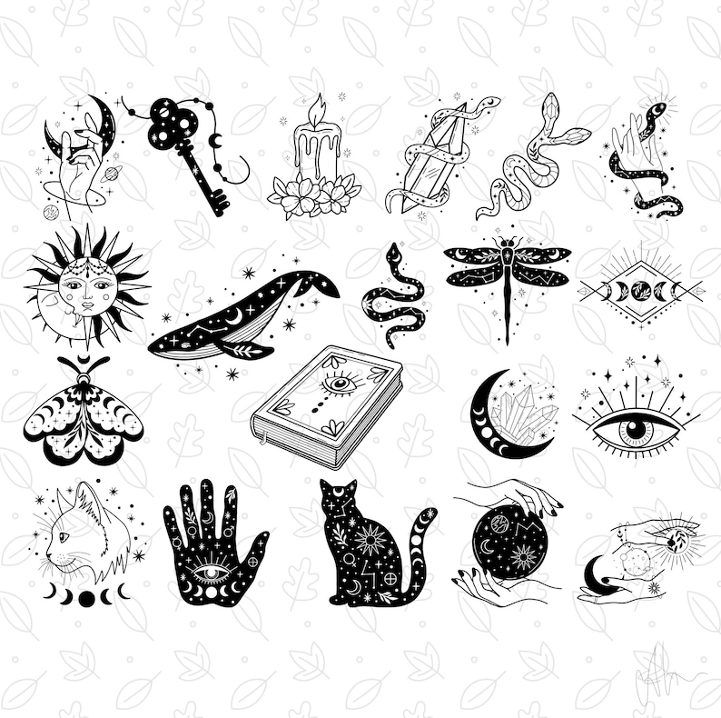 May include: A set of 20 black and white illustrations featuring mystical and celestial symbols. The illustrations include a crescent moon, a key, a candle, a snake, a dragonfly, a sun, a whale, a book, a moth, a hand, a cat, and an eye.