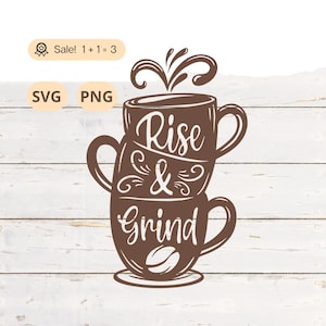 Puede incluir: Una taza de café marrón con el texto "Rise & Grind" en una fuente estilizada. La taza está apilada sobre otras dos tazas, con vapor saliendo de la taza superior.