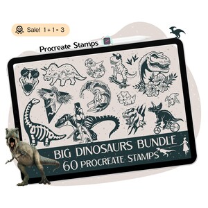 May include: A digital illustration of a Procreate stamp set featuring 60 different dinosaur designs. The stamps are black and white and include a variety of dinosaurs, including a T-Rex, a Triceratops, and a Stegosaurus. The text "BIG DINOSAURS BUNDLE 60 PROCREATE STAMPS" is displayed at the bottom of the image.