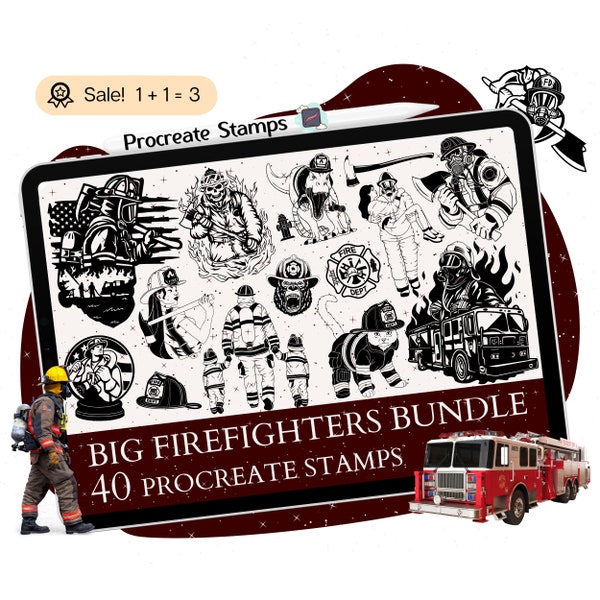 40 Firefighter Procreate STAMPS, Firefighter Procreate BRUSHES, Fireman STAMPS, Fireman Tattoo, Fire Dept Stamp Clipart Brush Stamps Doodle