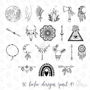 Pu&ograve; includere: Illustrazioni in bianco e nero di disegni boho, tra cui un paesaggio desertico, mani, piume, una candela, un'ascia, un acchiappasogni, frecce, un teschio, un mandala, un braccialetto, una luna, un cactus e un arcobaleno. Il testo recita "80 disegni boho (parte 4)".