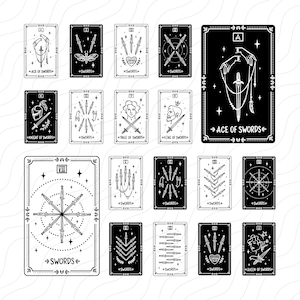 May include: A set of 14 black and white tarot cards featuring the suit of swords. Each card depicts a different sword design and the name of the card. The cards are in a grid format.