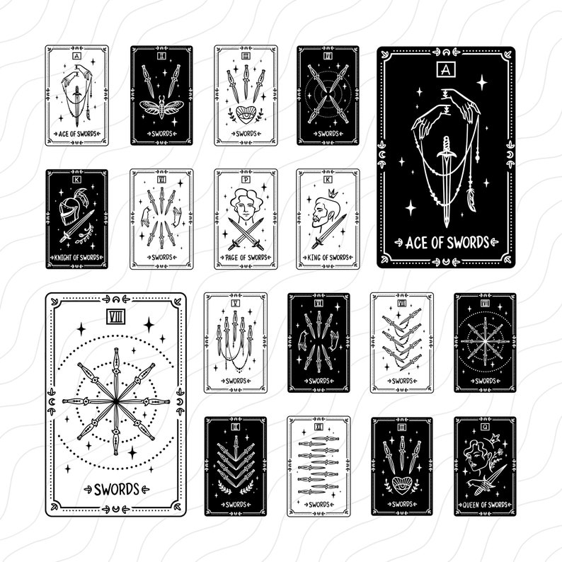 May include: A set of 14 black and white tarot cards featuring the suit of swords. Each card depicts a different sword design and the name of the card. The cards are in a grid format.