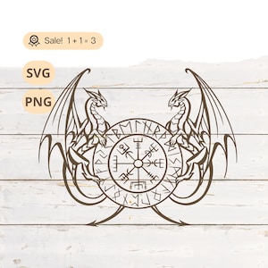 Dragons With Viking Compass SVG PNG, Vegvisir Svg, Viking SVG, Viking Runes svg, Celtic Svg, Dragon Svg, Viking Compass Png, Tattoo, Shirt