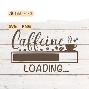 May include: Brown graphic with the text "Caffeine Loading..." and a stylized coffee cup with steam coming from it. There are coffee beans scattered around the cup.