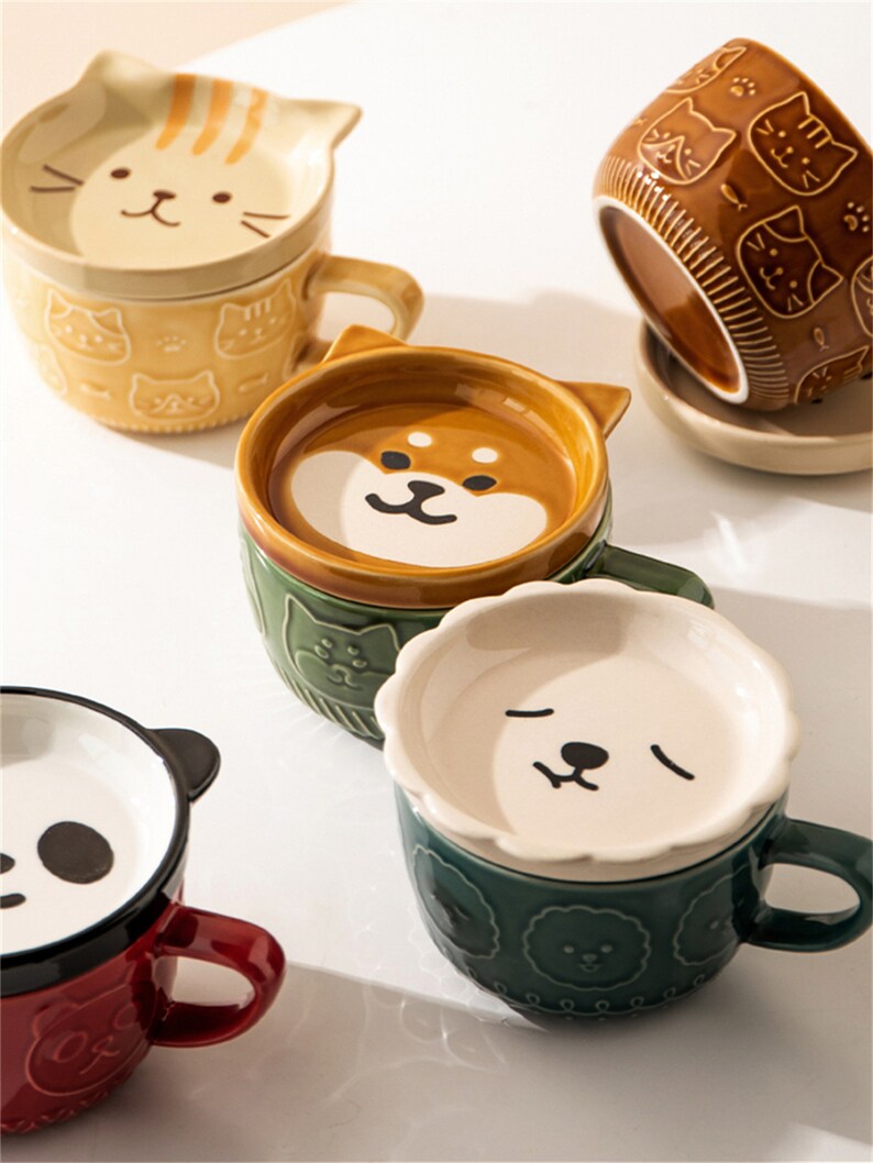 Ceramic Animal Cup/mug With Lid/ceramic Cug/cat Cup/milk Etsy