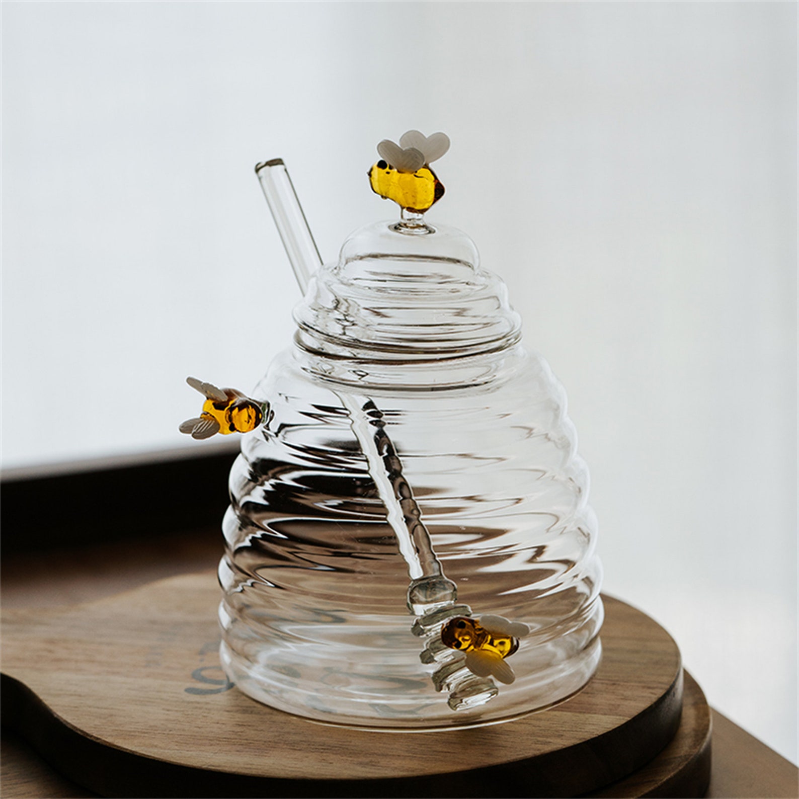 Honey Jar With Dipper/beehive Bee Honey Pot/glass Etsy