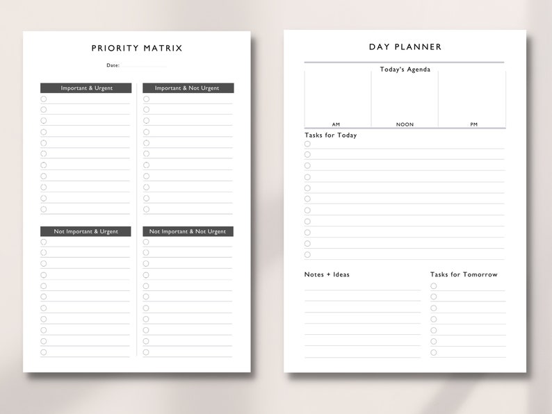 May include: A printable planner with a priority matrix and a daily planner. The priority matrix has four quadrants: Important & Urgent, Important & Not Urgent, Not Important & Urgent, and Not Important & Not Urgent. The daily planner has sections for Today's Agenda, Tasks for Today, Notes + Ideas, and Tasks for Tomorrow.