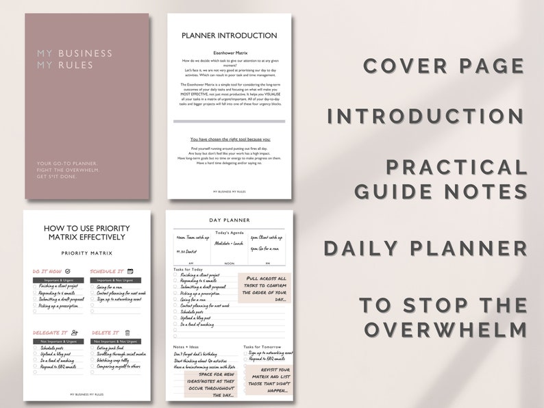 May include: A pink and white planner with the text "My Business My Rules" and "How to Use Priority Matrix Effectively" on the cover. The planner includes sections for daily planning, scheduling, and prioritizing tasks.