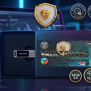 Może przedstawiać: 32 GB pendrive VaultGuard w czarnym pudełku. Dysk jest srebrny z napisem "VAULTGUARD". Pudełko ma logo i tekst VaultGuard, wraz ze szczegółami prędkości i pojemności. Tło zawiera laptopa i ikony bezpieczeństwa.