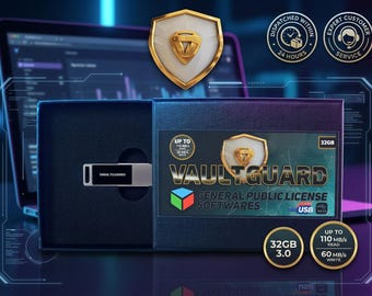 May include: A 32GB VaultGuard USB flash drive in a black box. The drive is silver with the text "VAULTGUARD". The box has the VaultGuard logo and text, along with speed and capacity details. The background includes a laptop and security icons.