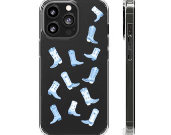 Custodia per telefono con stivali da cowboy blu trasparente