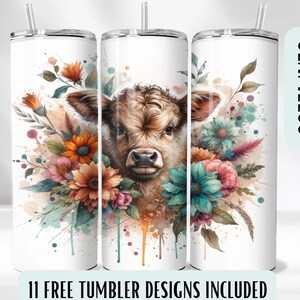 Floral Cow Tumbler Wrap for Farm Lovers, Cow 20oz Skinny Tumbler Sublimation Design, Floral Cow Tumbler Wrap PNG, Farmhouse Tumbler Art