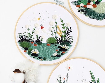 Koi and Water Garden Embroidery Kit, Beginner-Friendly Hoop Art, Fresh Botanical Underwater Pattern, Relaxing Stitch Project