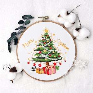 Merry Christmas Embroidery Kit, Hand Cross Stitch, Easy Snowman, Christmas Gift, Holiday Needlework Kit