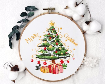 Merry Christmas Embroidery Kit, Hand Cross Stitch, Easy Snowman, Christmas Gift, Holiday Needlework Kit