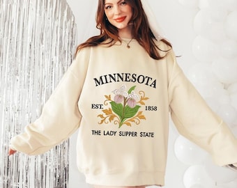Minnesota Lady Slipper Embroidered Sweatshirt, Vintage State Flower Crewneck, Cozy Unisex Minnesota Sweater