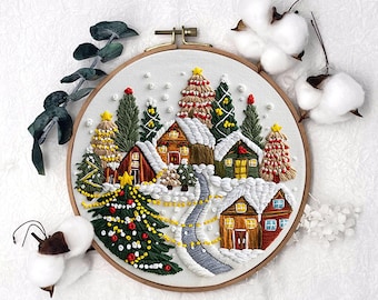 Snowy Town Embroidery Kit, Easy Holiday Needlework for Adults & Teens, Festive Winter Landscape Hoop, DIY Xmas Decor