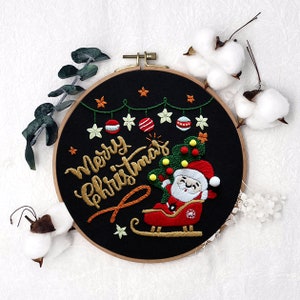 Christmas Embroidery Kit For Beginners, Jingle Bell, Christmas Tree, Santa Claus and sleigh, Happy Holiday, Merry Christmas