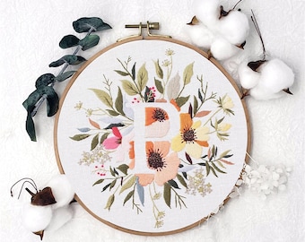 Alphabet hand embroidery kit, Monogram Embroidery Gift, Flower Canvas Bag Kit Optional, Floral Cross Stitch