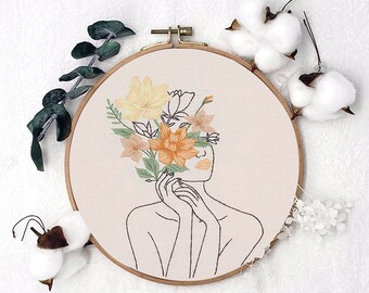 Floral Girl Embroidery kit, Feminist Hoop Art, Embroidery Set, Gift for Stitch Lover, Female Embroidery Full Kit