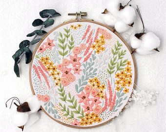 Floral Bloom Embroidery Kit, Flowers Embroidery Full Kit with Needlepoint Hoop, Embroidery Art, Floral Embroidery Pattern