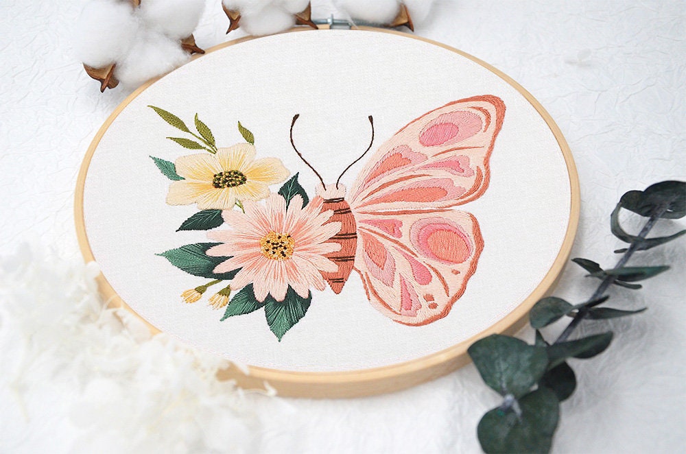 Kearding Kit de bordado para principiantes, patrón de flores de mariposa,  decoración DIY hecha a mano moderna Artesanía