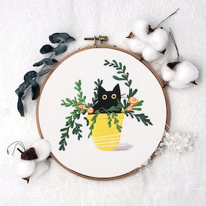 猫と植物の刺繍キット、初心者向けの簡単な手刺繍キット、猫DIY初心者フープアートクラフト