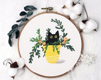 Embroidery Cat and plants Kit, Easy Hand Embroidery Kit for Beginners, Cat DIY beginner hoop art craft