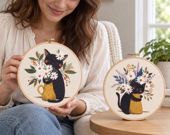 Floral Cat Embroidery Kit for Beginners, DIY Hand Stitching with Black Cats and Flower Bouquets, Botanical Needlework Project