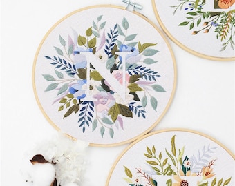 Alphabet hand embroidery kit, Monogram Embroidery Gift, Flower Canvas Bag Kit Optional, Floral Cross Stitch