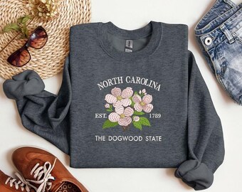 North Carolina Dogwood Embroidered Sweatshirt, The Dogwood State Crewneck, State Flower Pullover, Cozy Unisex Embroidered Top