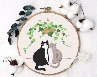 Cat Embroidery Kit, Plant Cat Embroidery Pattern, Cute kitty, Easy Instruction For Beginners