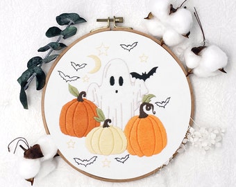 DIY Pumpkin Embroidery Kit, Halloween Embroidery Pattern Bundle, Cross Stitch, Ghost At The Party, Halloween Gift