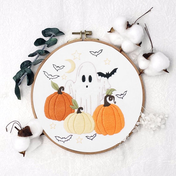 DIY Pumpkin Embroidery Kit, Halloween Embroidery Pattern Bundle, Cross Stitch, Ghost At The Party, Halloween Gift